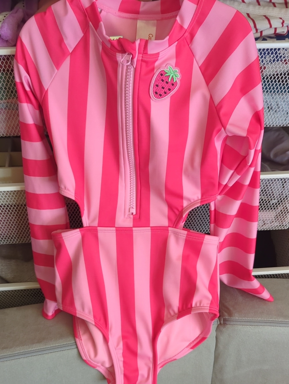 Cat & Jack Pink Striped Long-Sleeve One-Piece Swimsuit with Strawberry Patch